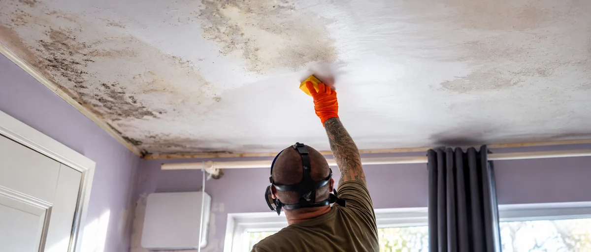 Mould on a bedroom ceiling before VentSolve mould removal
