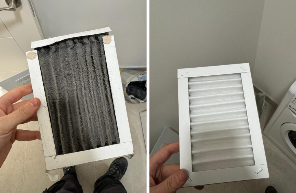 A clogged MVHR filter held next to a clean replacement filter